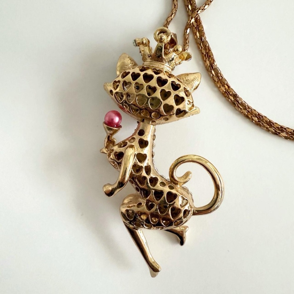 Vintage Y2K Betsey Johnson Rhinestone Encrusted Cat Pendant Necklace - Picture 4 of 8